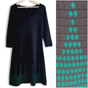 NINE WEST Sweater Intarsia Hem Fine Knit Scoop Neck Dress Black Green Sz M